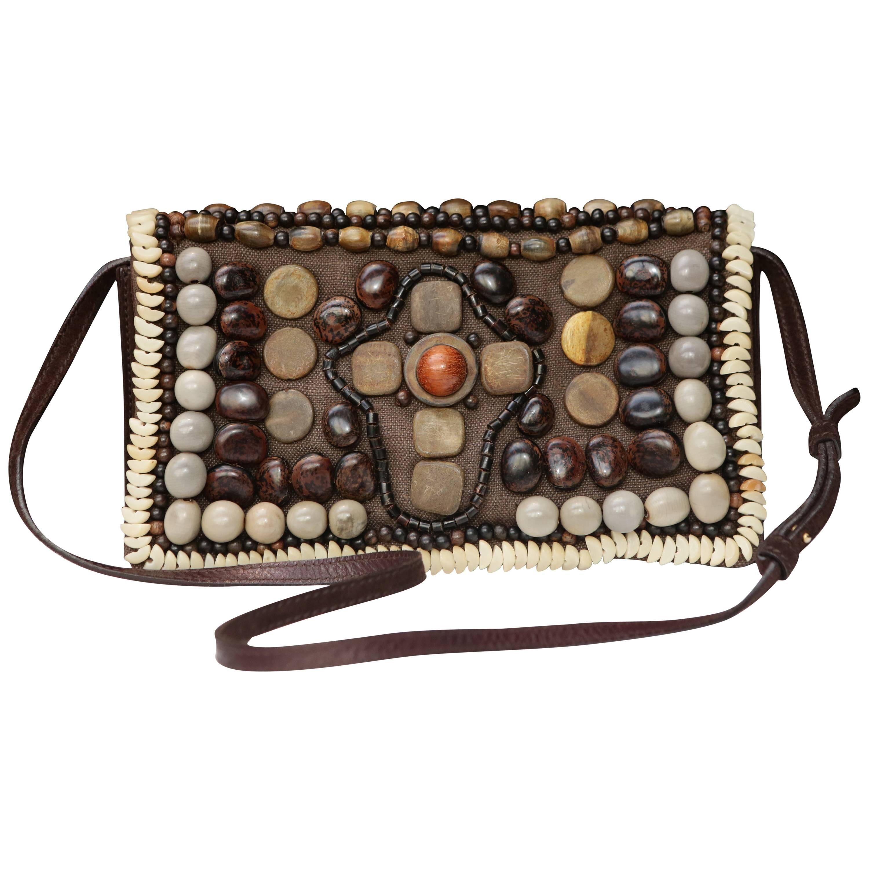 2000s Yves Saint Laurent Brown Suede and Wood Beads Handbag