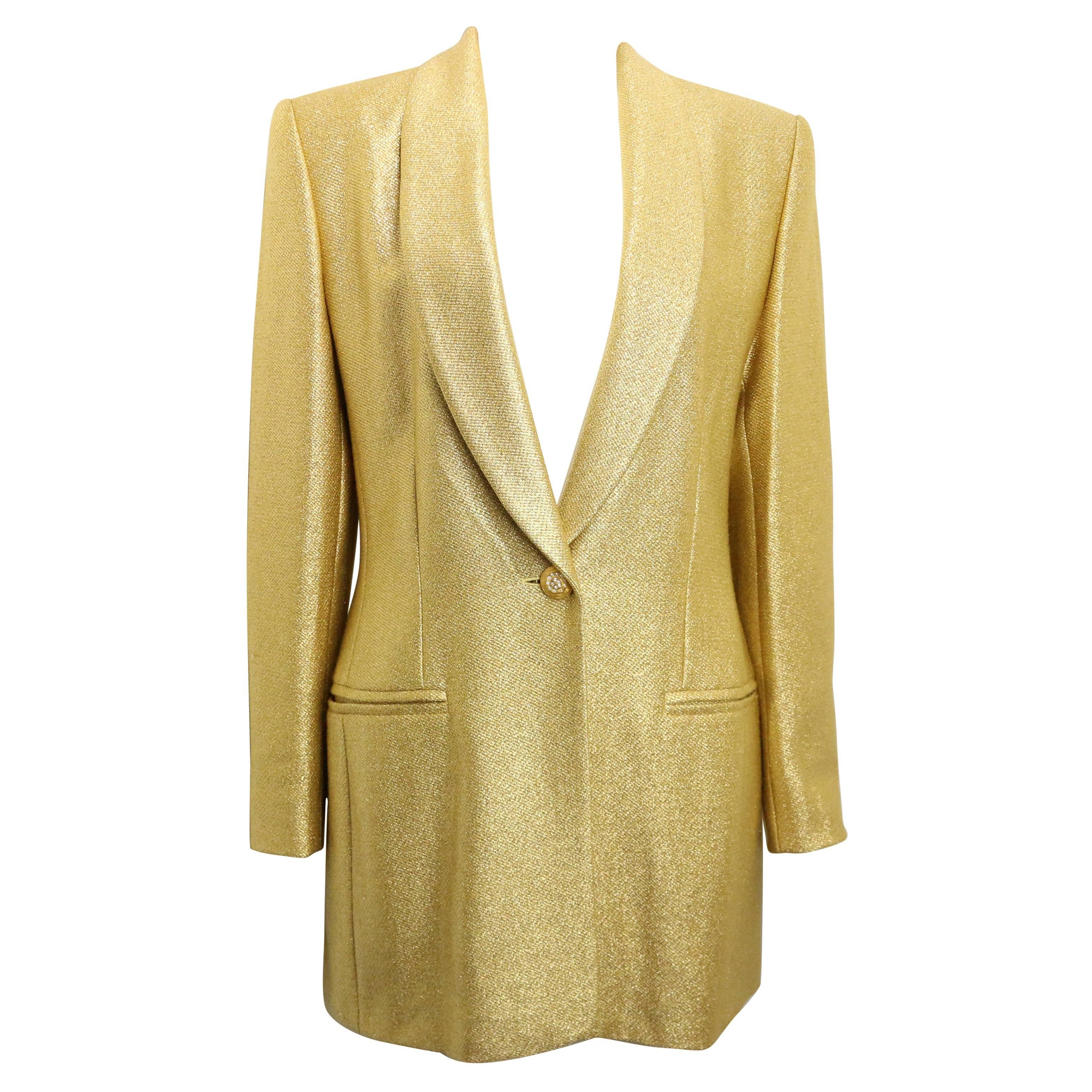 Escada Couture Gold Toned Metallic Shinny Shawl Blazer  For Sale