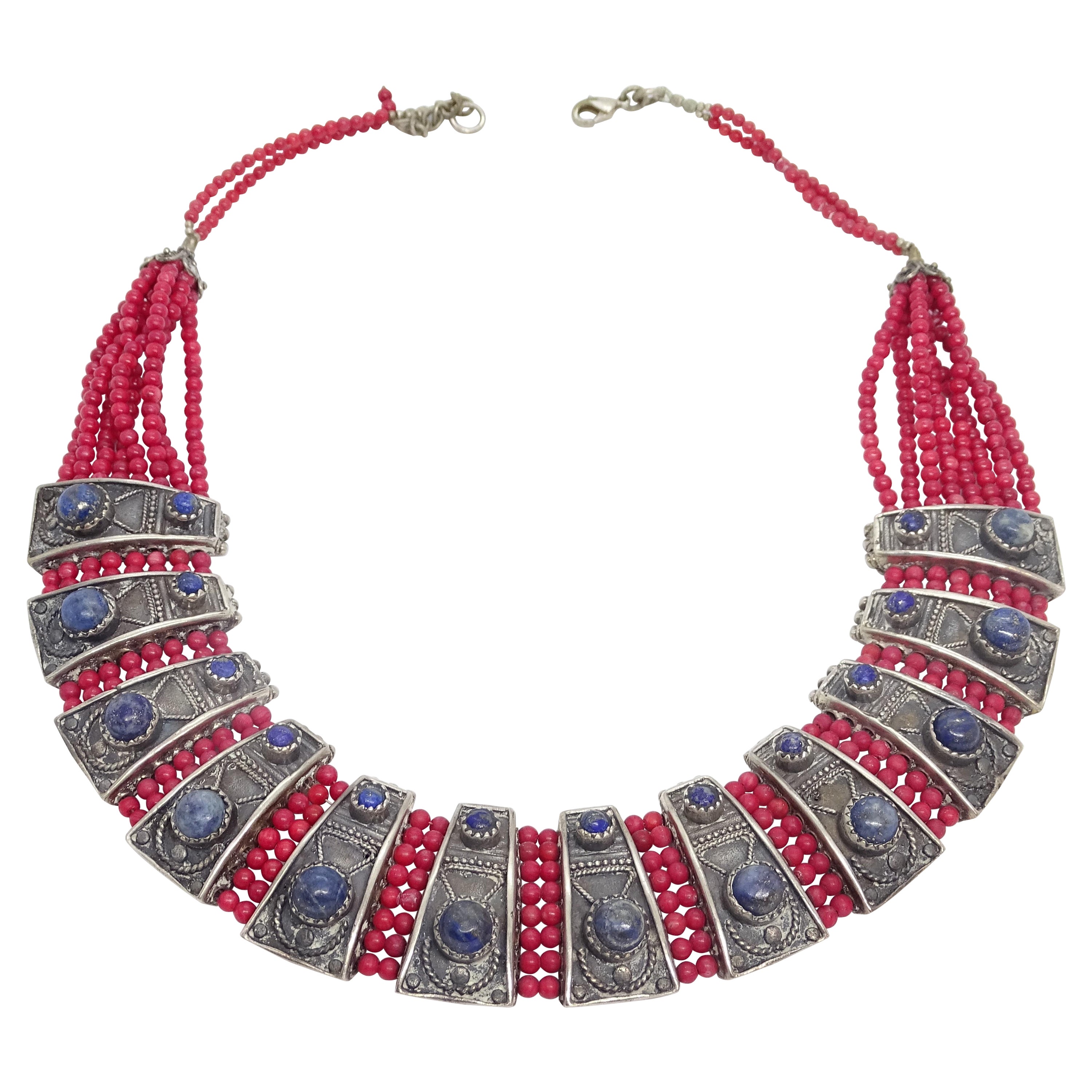 Halskette aus Sterlingsilber in Blau und Rot, mit italienischer Koralle und Lapislazuli-Cabochons