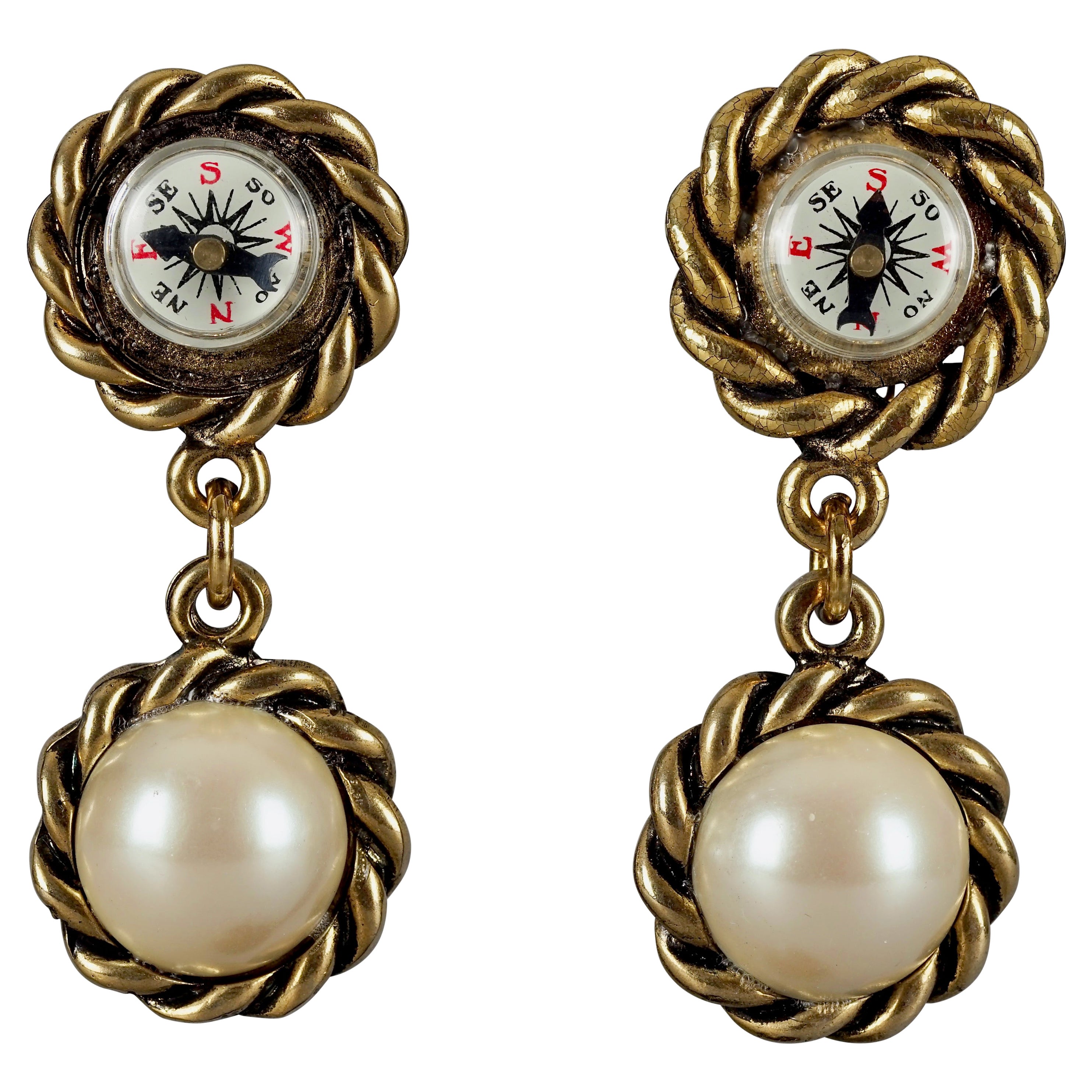 Vintage MOSCHINO Compass Pearl Novelty Dangling Earrings For Sale