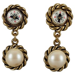 Vintage MOSCHINO Compass Pearl Novelty Dangling Earrings