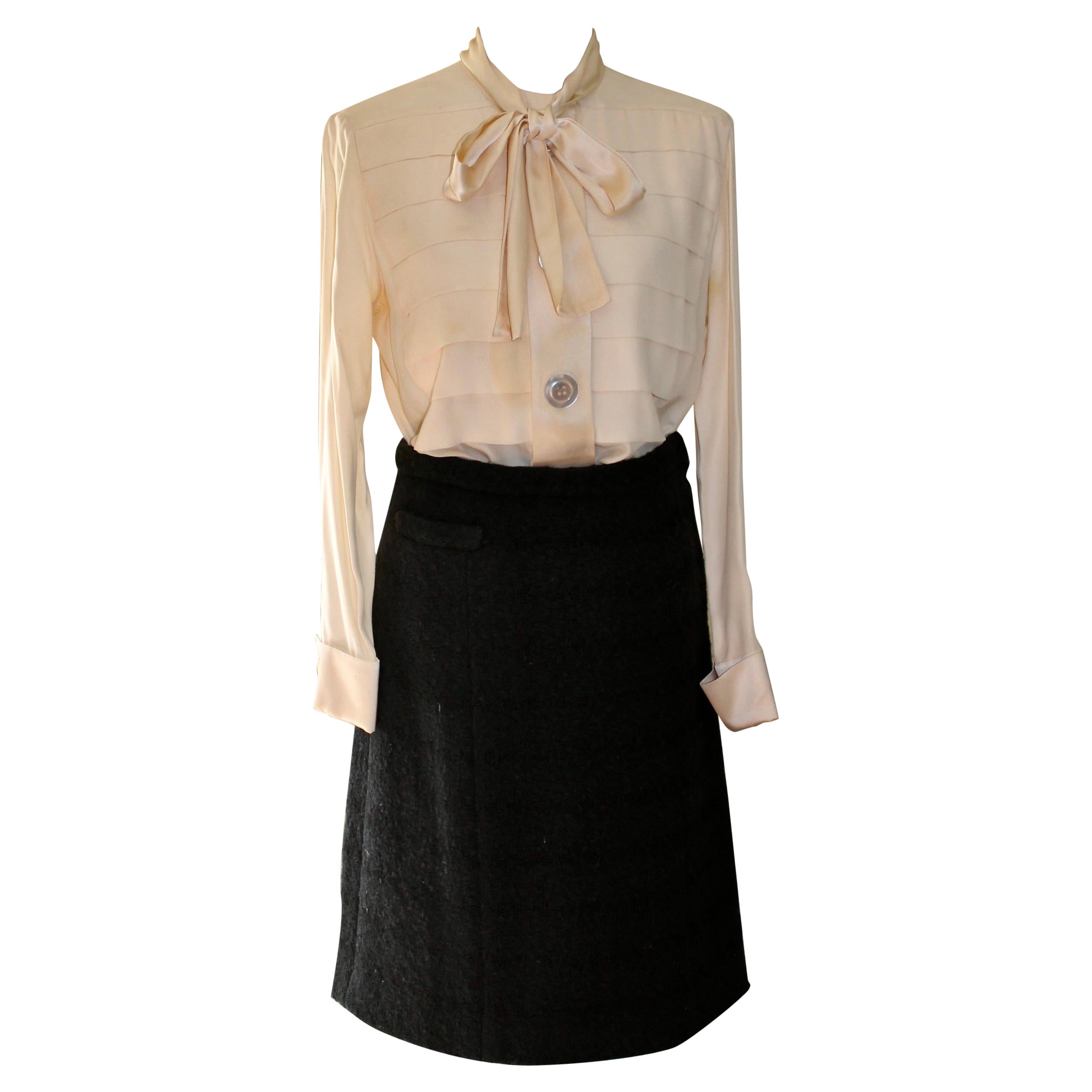 1980's Chanel Wool Skirt and Cream Silk Blouse For Sale