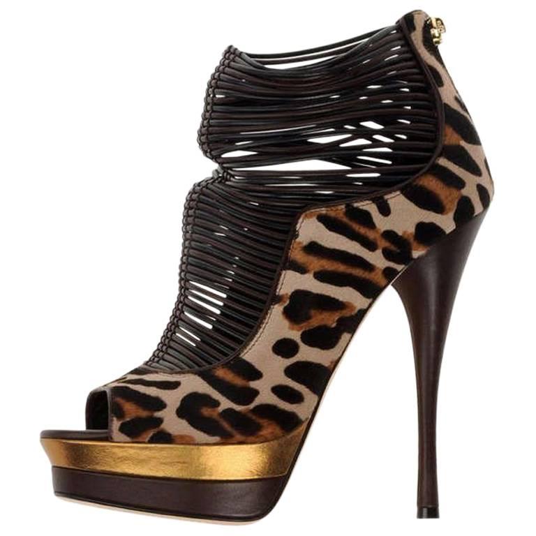 Versace Leopard-print calf hair Open Toe Platform Shoes Boots 