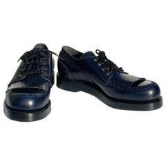 Used New Gucci Men's Leather Fringed Brogue Lace-Up Shoes Dark Blue US 10