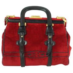 Cesare Piccini Vintage Red Velvet Handbag with Black Leather Trim - 1960's 