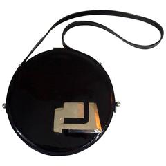 Pierre Cardin Black Patent Round Shoulder Bag with Silver Logo-SHW-Circa 60's