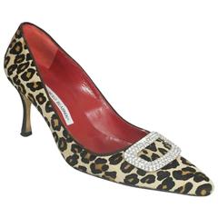 Manolo Blahnik Leopard Pony Hair Pump with Rhinestone Buckle - 40 7