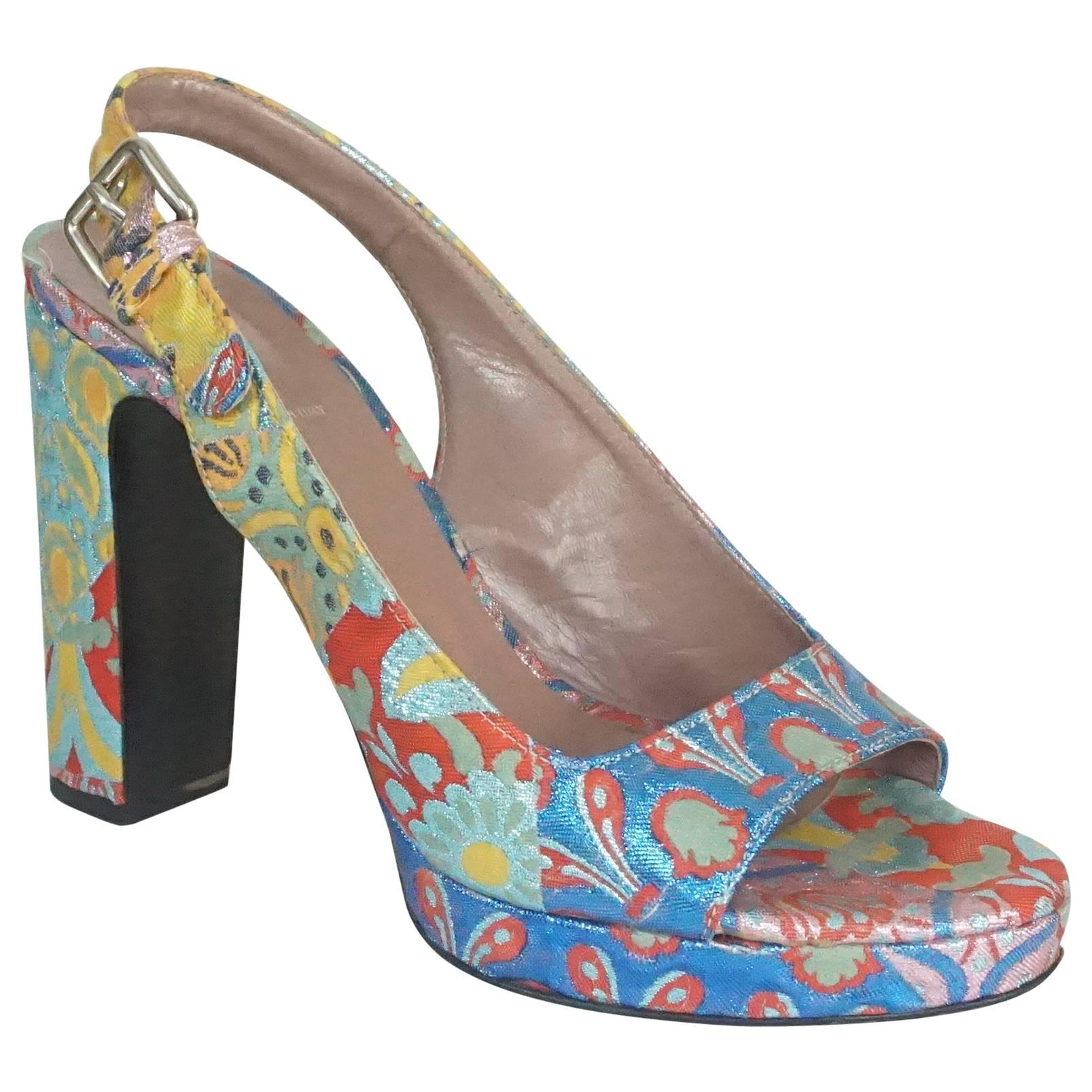 Miu Miu Multi Colored Patterned Brocade Open Toe Slingback - 40.5 - SHW