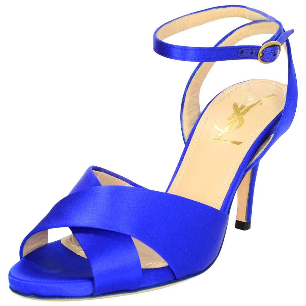 YSL Blue Satin Ankle Strap Sandals Sz 35