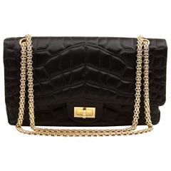 Chanel Black Satin Crocodile Quilted Reissue Flap Bag