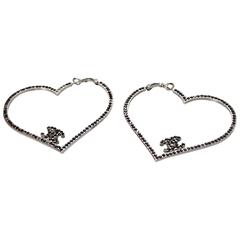 Chanel Black Crystal CC Heart Pierced Hoop Earrings