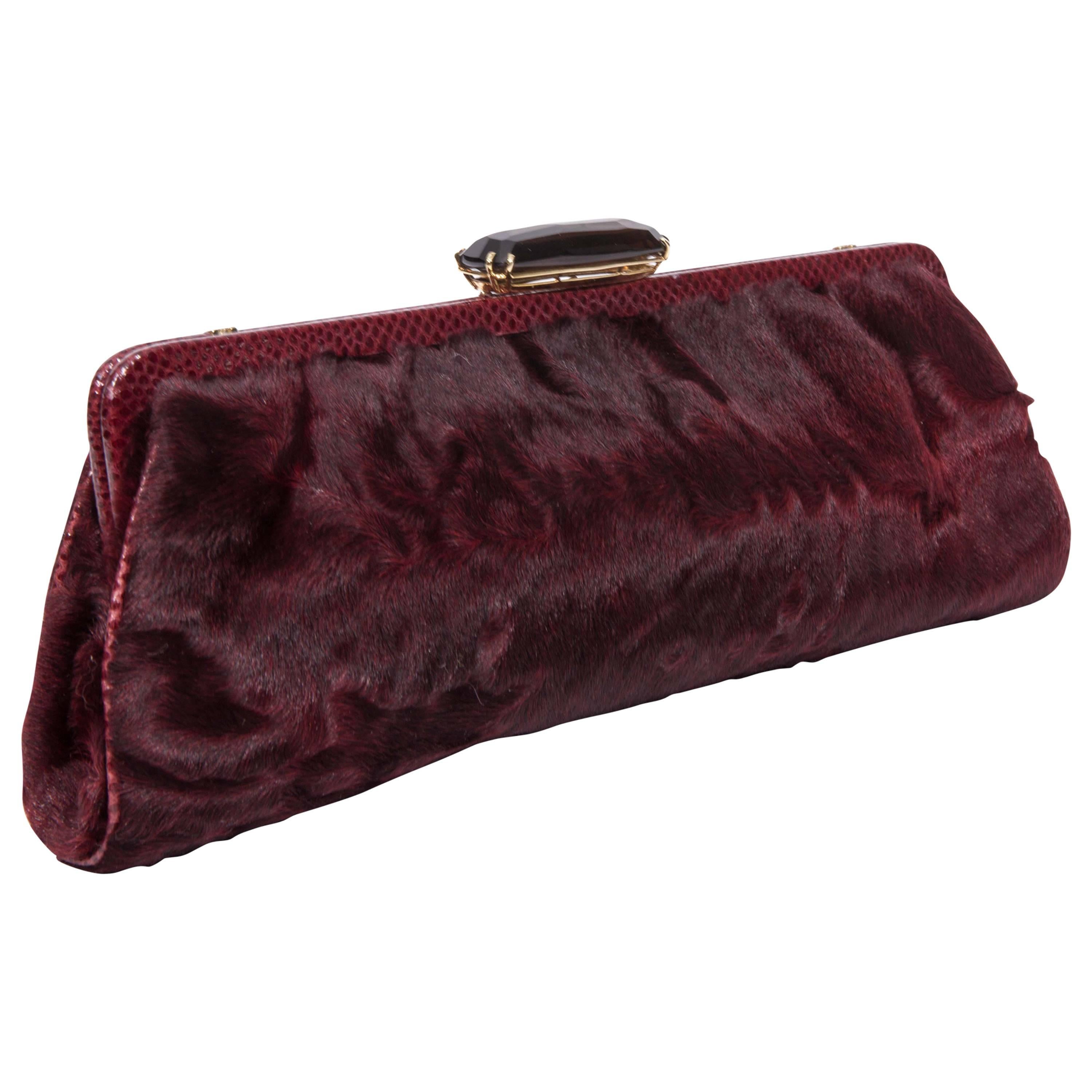 Dennis Basso Wine Colored Fur Clutch with Snake Trim and Crystal Clasp