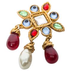 Vintage Chanel Brooch with Large Faux Pearl and Tear Drop Gripoix Stones