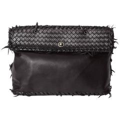 Bottega Veneta Black Intrecciato Detail Tote with Leather Fringe