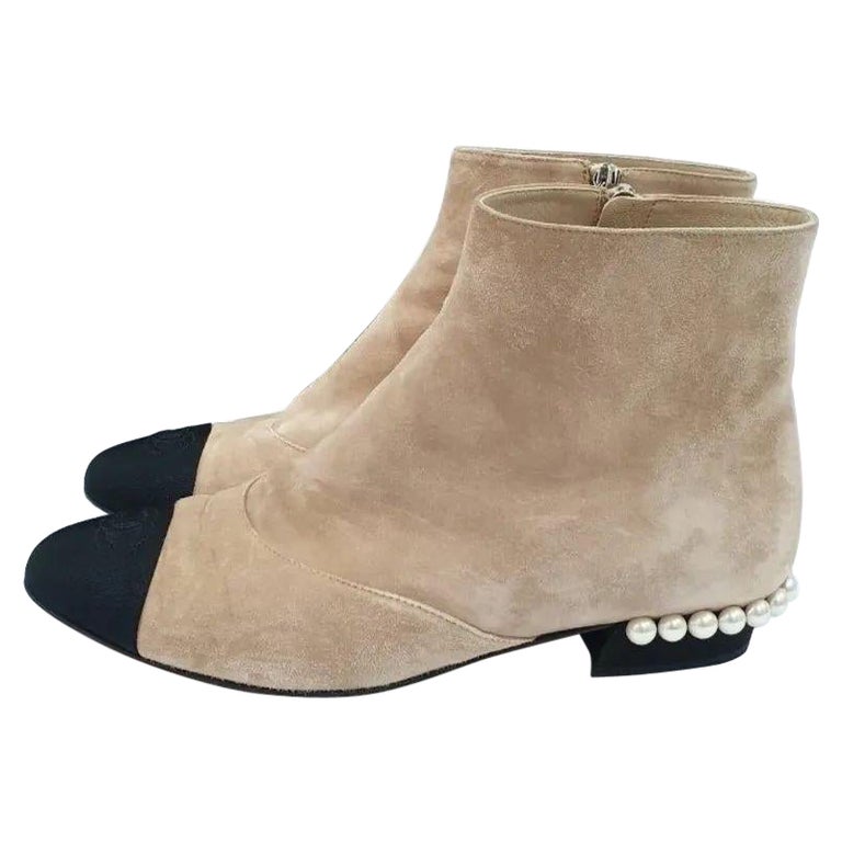 Chanel Beige Suede Pearl Heels Ankle Boots For Sale at 1stDibs