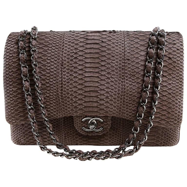 Chanel Taupe Python Jumbo Classic Flap Bag Silver Hardware At 1stdibs Chanel Taupe Python Jumbo Classic Flap Bag Silver Hardware For