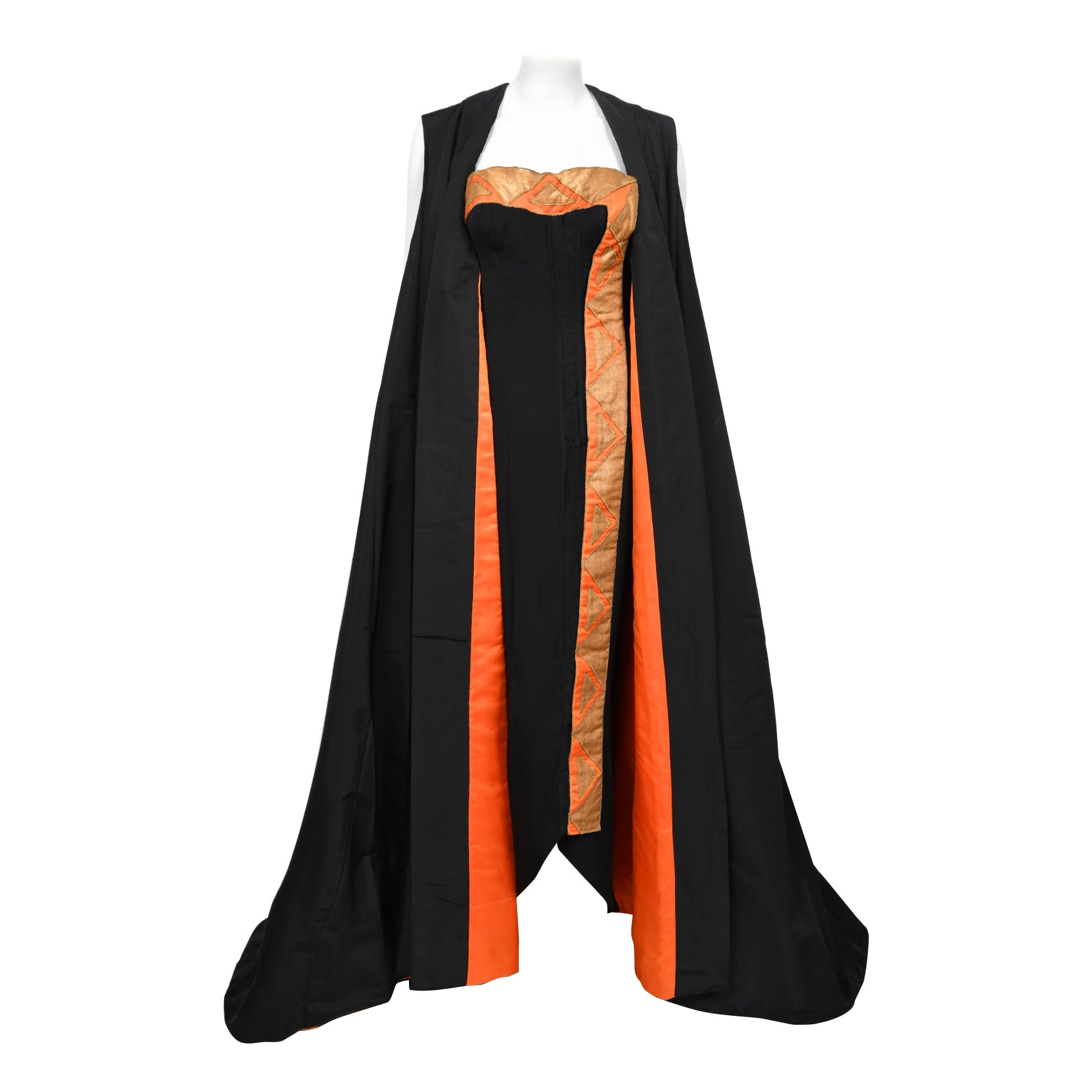 Vintage 1950s Yma Sumac Custom Couture Black Orange Silk Hourglass Gown Ensemble For Sale