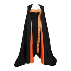1950s 'Old Hollywood' Custom Couture Black & Orange Silk Hourglass Gown w/ Cape