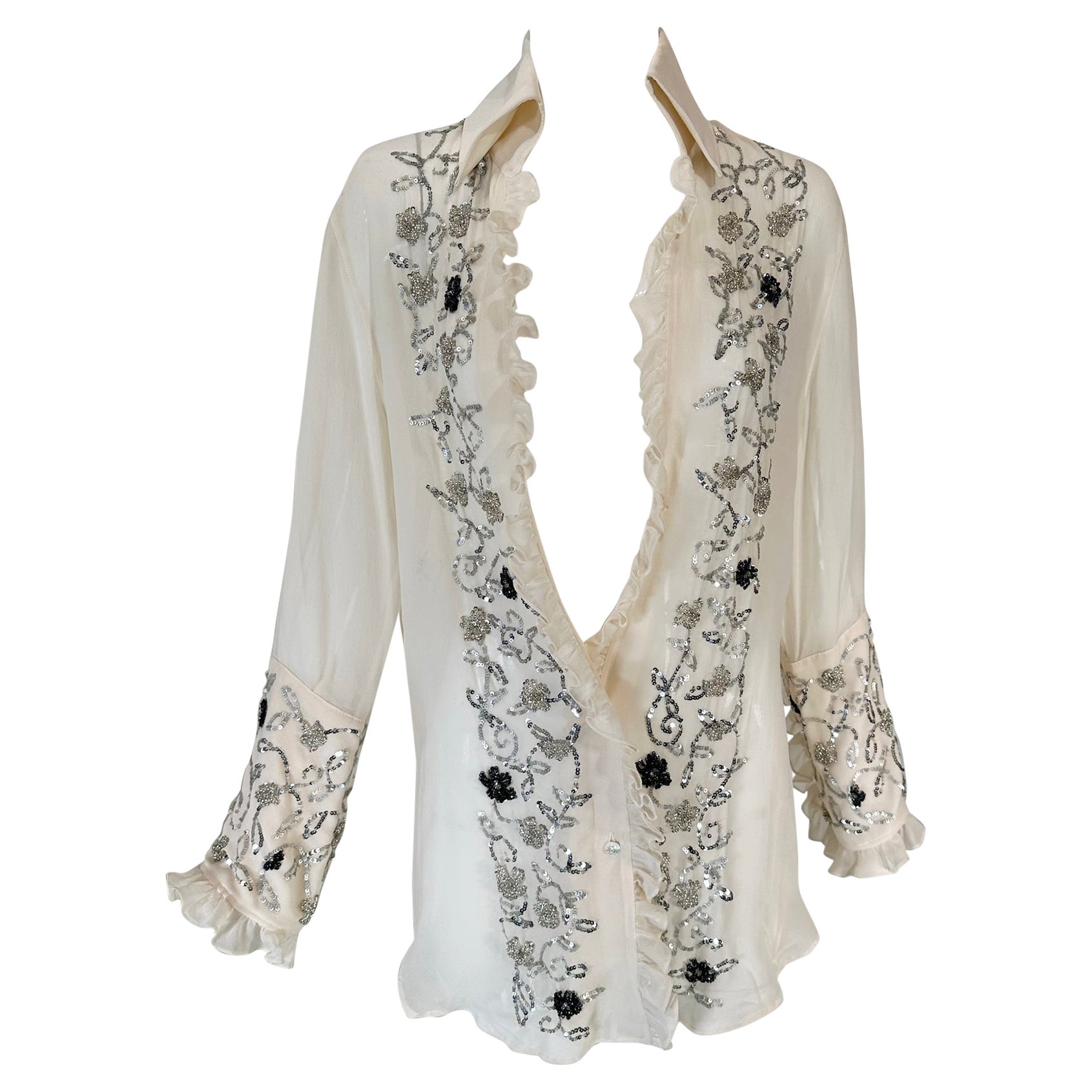 Dolce & Gabbana Off White Sheer Silk Chiffon Plunge Neck Glittery Sequin Blouse  For Sale