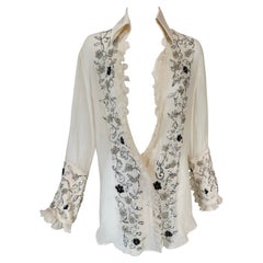 Dolce & Gabbana Off White Sheer Silk Chiffon Plunge Neck Glittery Sequin Blouse 
