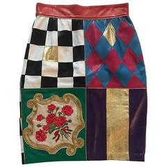 Moschino Vintage 1980s Leather Patchwork Pencil Skirt Harlequin Check Pattern