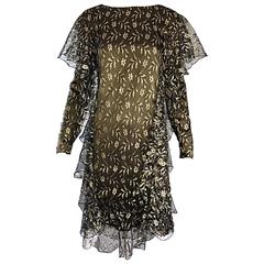 Vintage Holly's Harp Dark Green and Gold Silk Lace Ruffles Flapper Style Dress 12