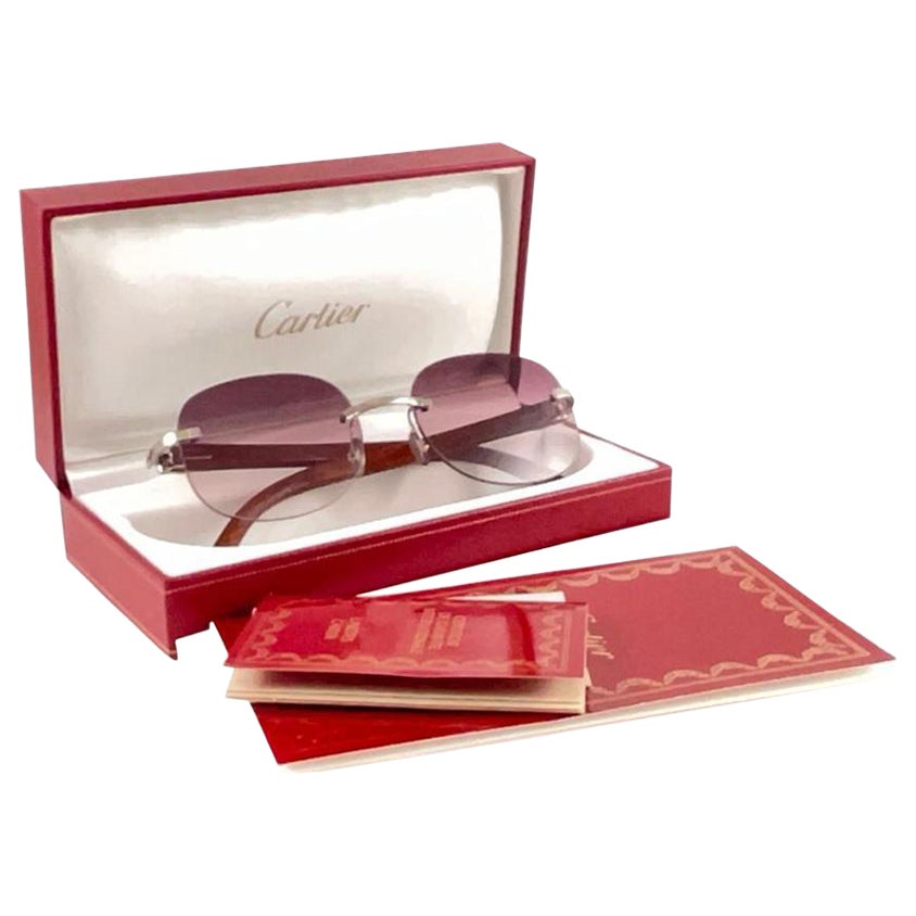New Cartier Rimless C Decor Platine Precious Wood Full Set France Sunglasses en vente