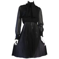 MISS DIOR Vintage 1970s Silk Chiffon Black Pleated Dress 7