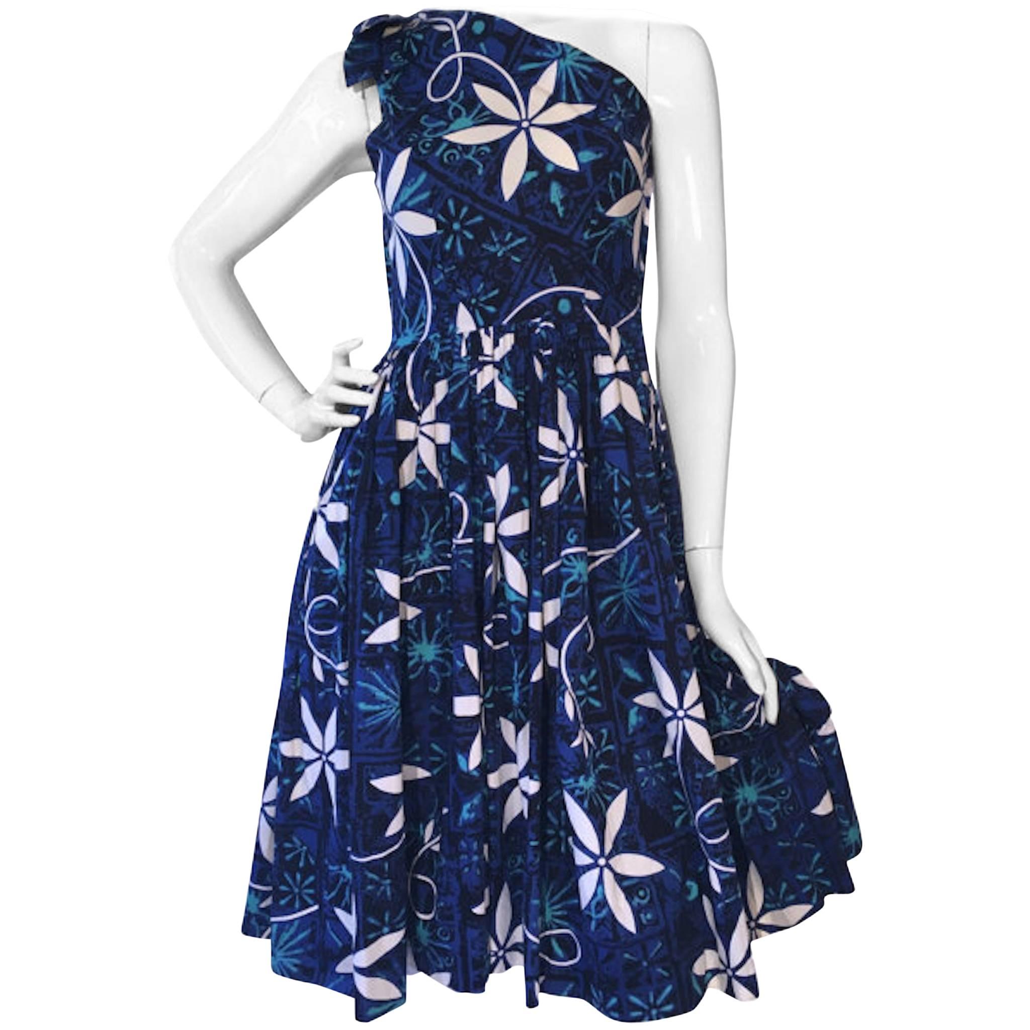 Vintage Alfred Shaheen Hand Printed Tiare Tapa Blue Hawaii Print Cotton Dress For Sale