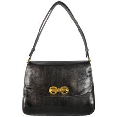Vintage GUCCI Black Lizard Skin Leather Gold G Handbag