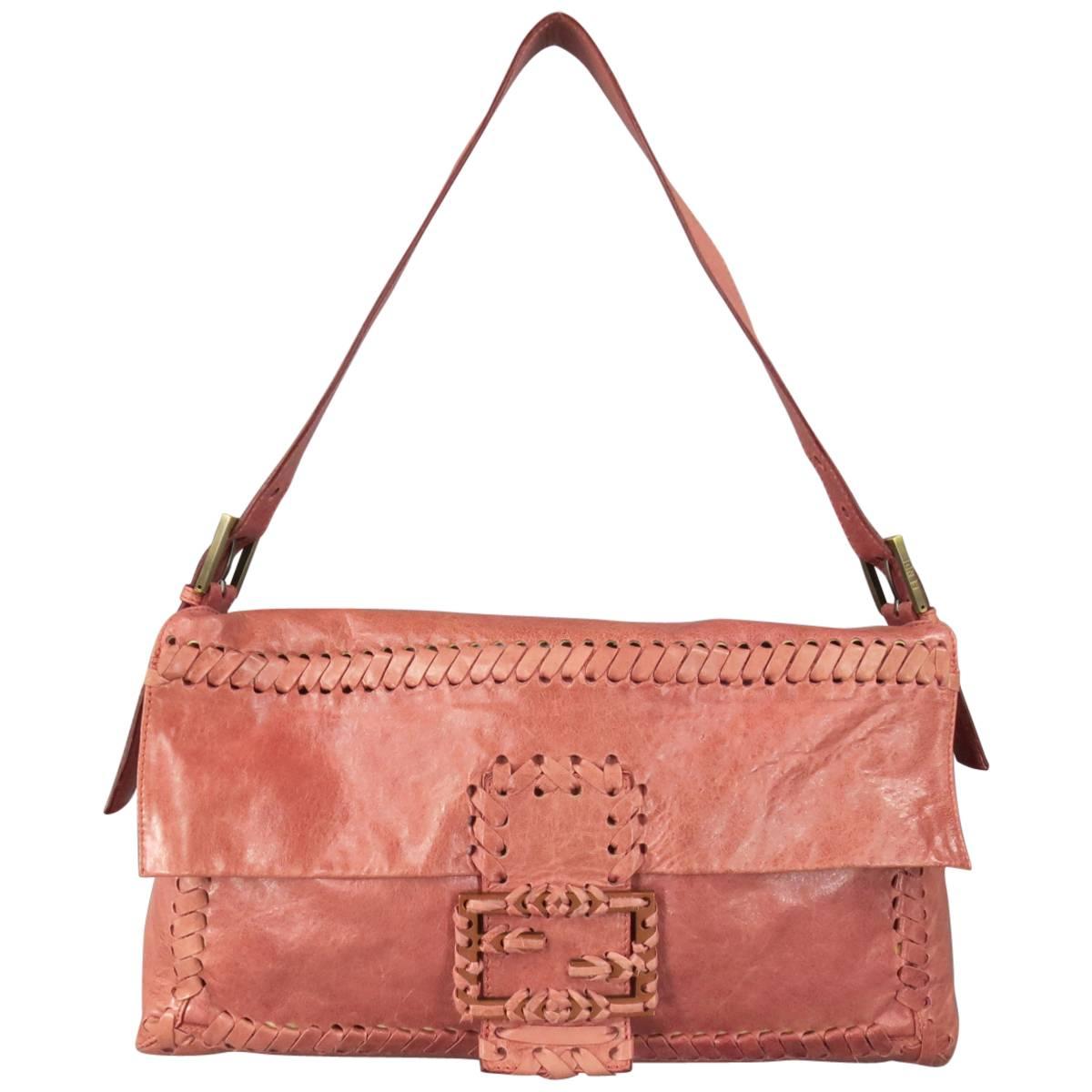 Brand New FENDI Distressed Pink Whipstitch Leather Shoulder Handbag