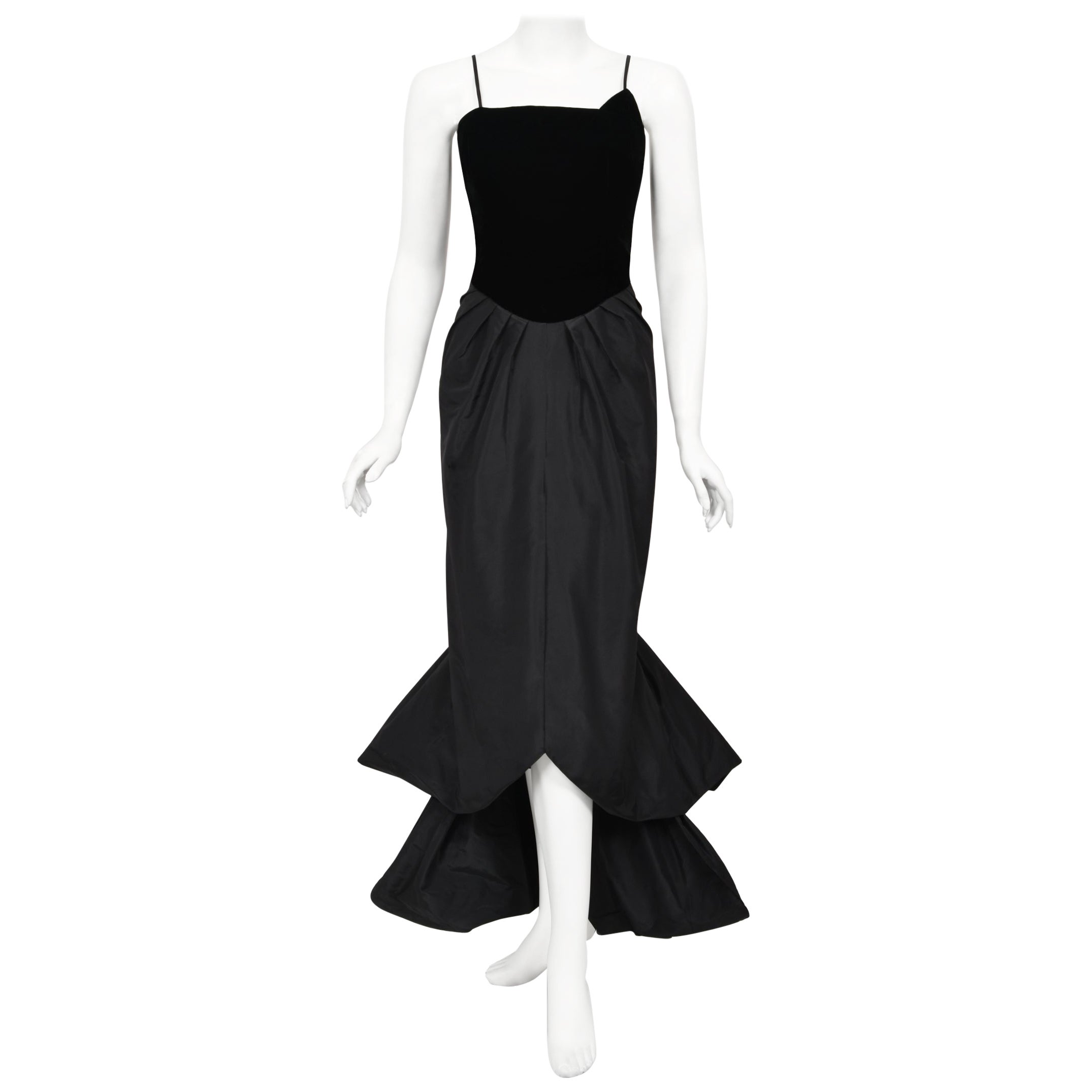 Vintage 1950's Philip Hulitar Old Hollywood Black Silk Hourglass Fishtail Dress For Sale