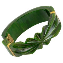 Vintage Carved Bakelite Clamper Bracelet Bangle Cheesy Green Marble