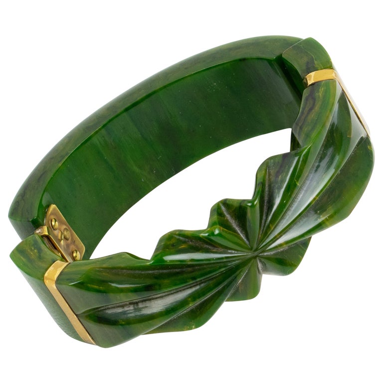 Carved Deep Green Bakelite Bangle, Early Plastic Bracelet - Ruby Lane