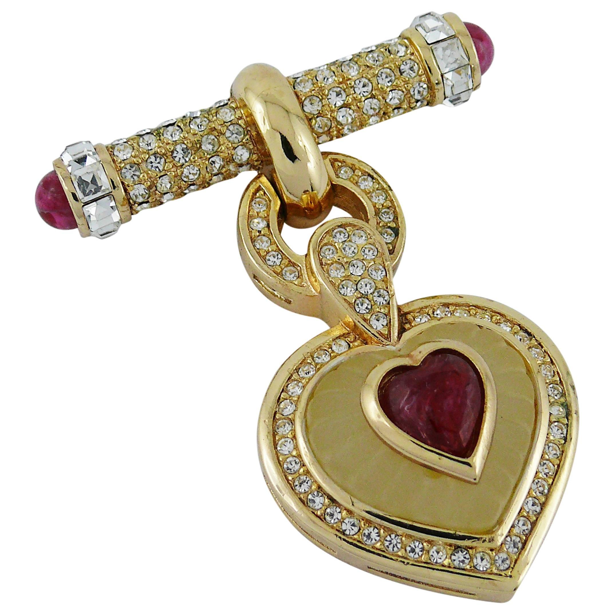 Christian Dior Vintage Diamante and Ruby Heart Dangle Brooch