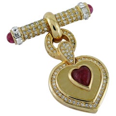 Christian Dior Vintage Diamante and Ruby Heart Dangle Brooch