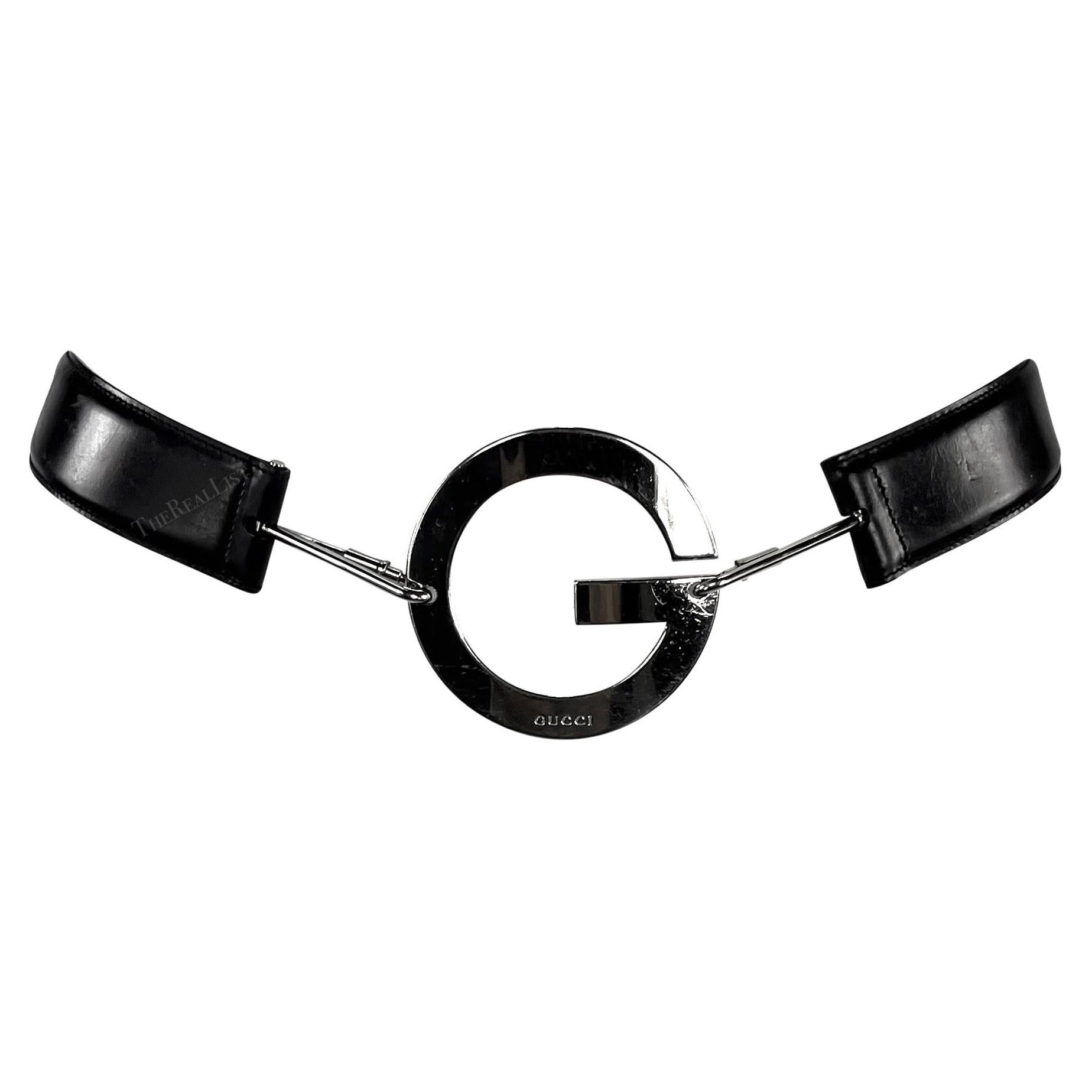 S/S 1996 Gucci by Tom Ford Silver Round G Medallion Buckle Black Belt For Sale