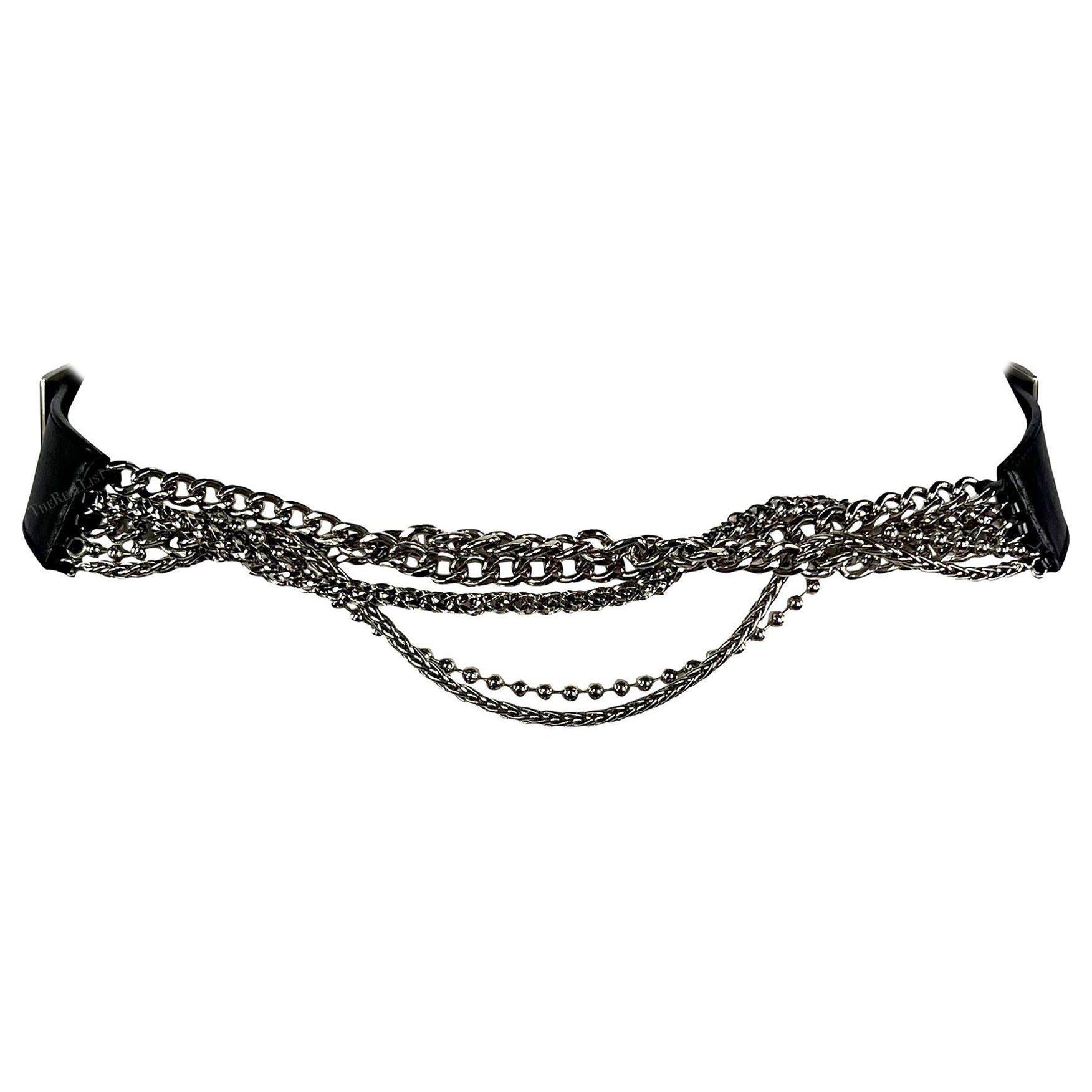 2000s Versace by Donatella Silver Chains Black Leather Buckle Belt For Sale