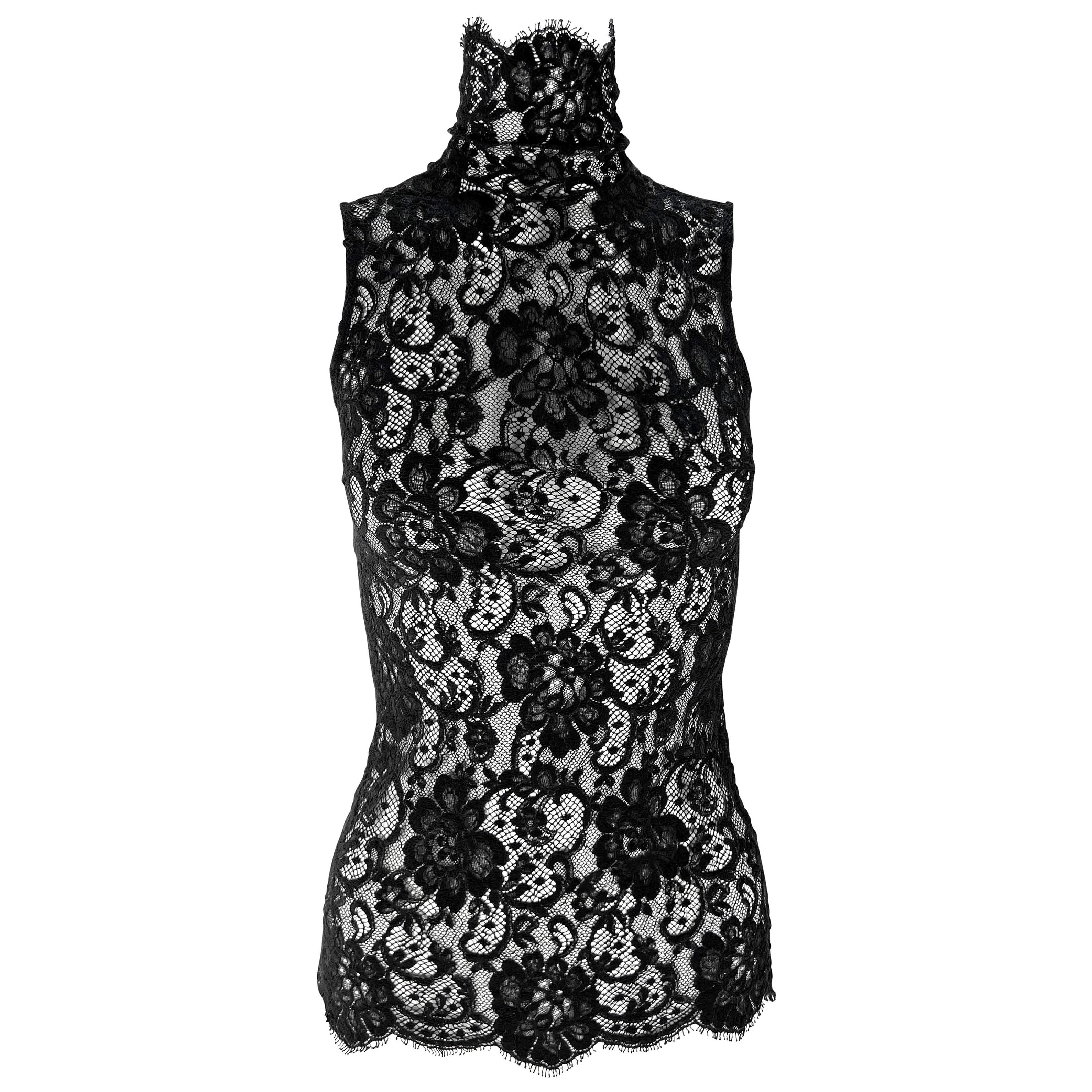 F/W 2002 Dolce & Gabbana Sheer Lace Black Mock Neck Sleeveless Top For Sale