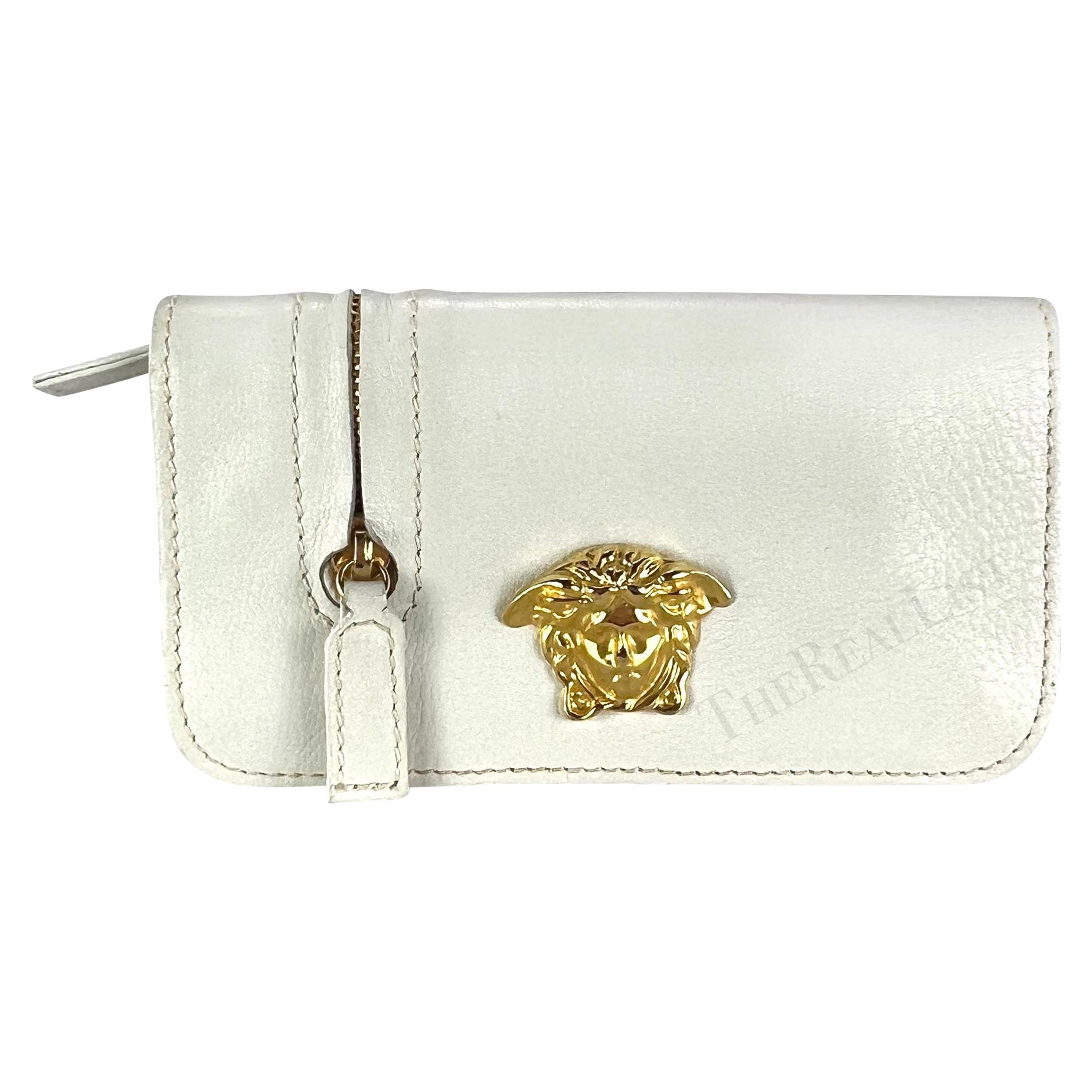 1990s Gianni Versace White Leather Gold Medusa Mini Flap Belt Bag Pouch For Sale