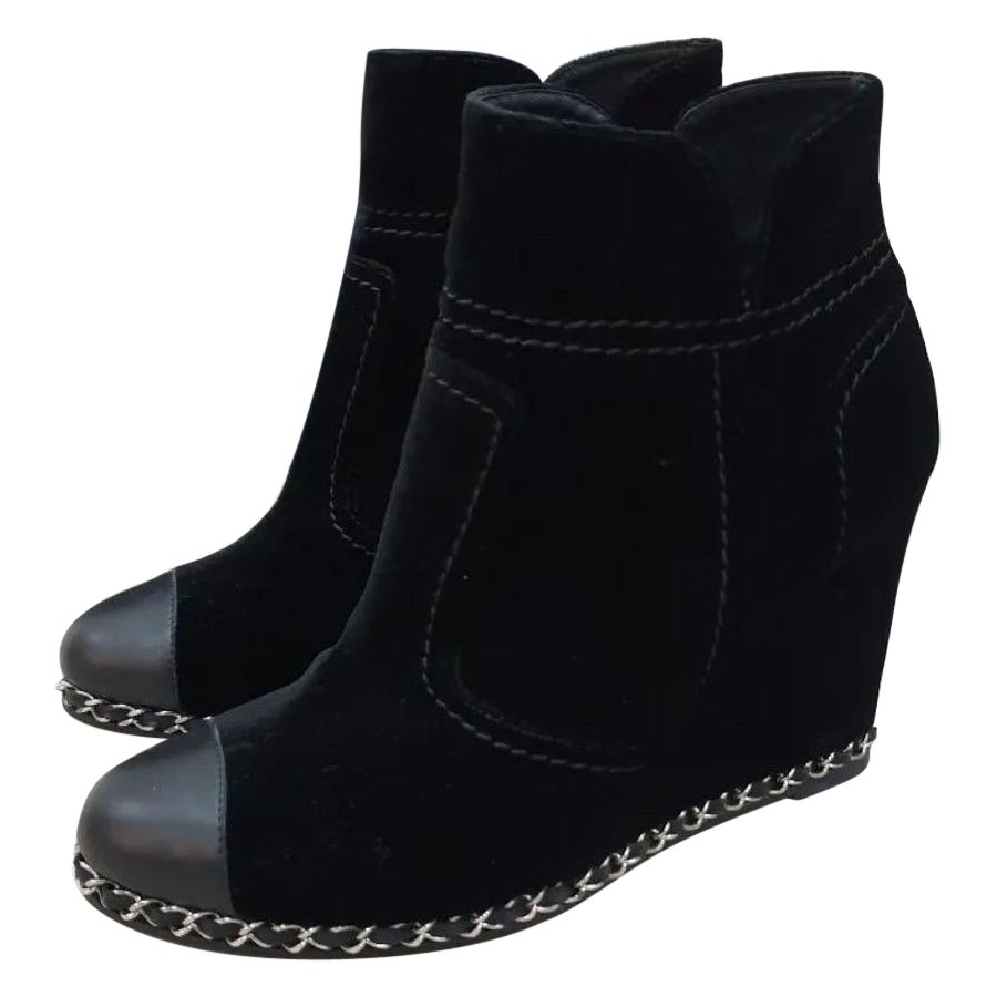 Chanel Black Velour Chain Wedge Boots