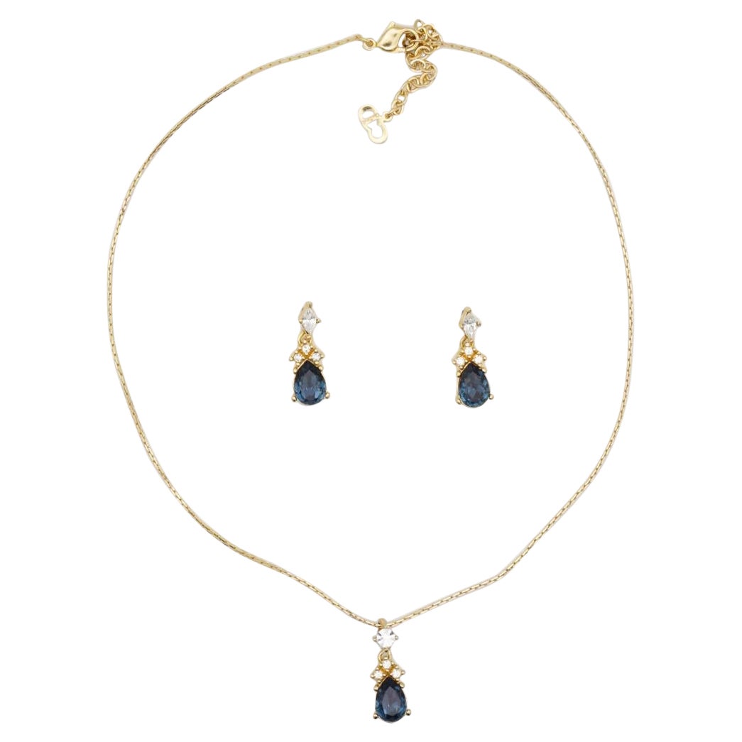 Christian Dior Vintage 1980s Sapphire Crystal Water Drop Set Necklace Earrings For Sale