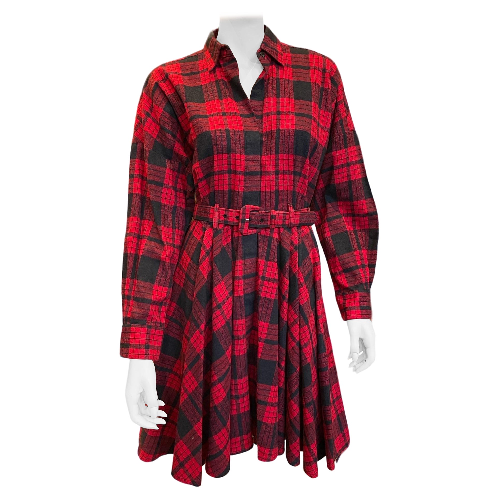 1980s Norma Kamali OMO Red Plaid Flannel Fit and Flare Cotton Belted Dress 