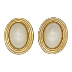 Christian Dior Retro 1980s Large Oval White Pearl Elegant Gold Clip Earrings