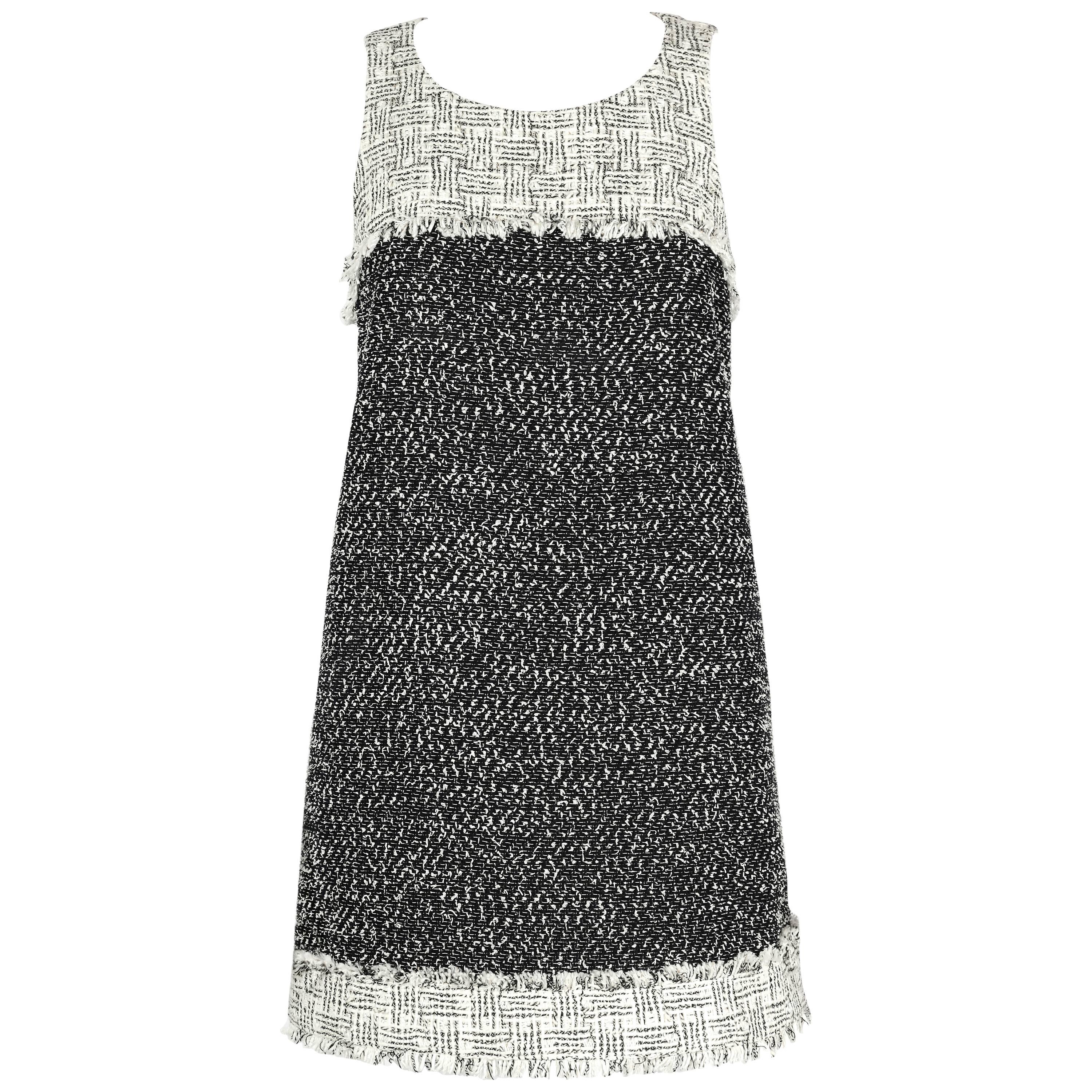 CHANEL 2014 Black White Boucle Tweed Fringe Sleeveless Shift Mini Dress Size 36