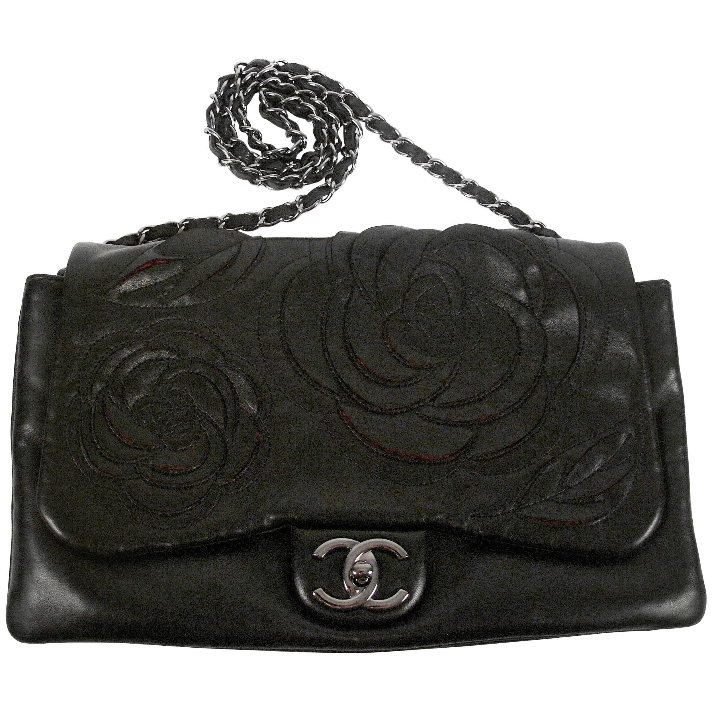 Chanel Jumbo Camellia Black Leather Flap Bag Red Flower Petals CC Silver Chain