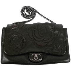 Chanel Jumbo Camellia Black Leather Flap Bag Red Flower Petals CC Silver Chain