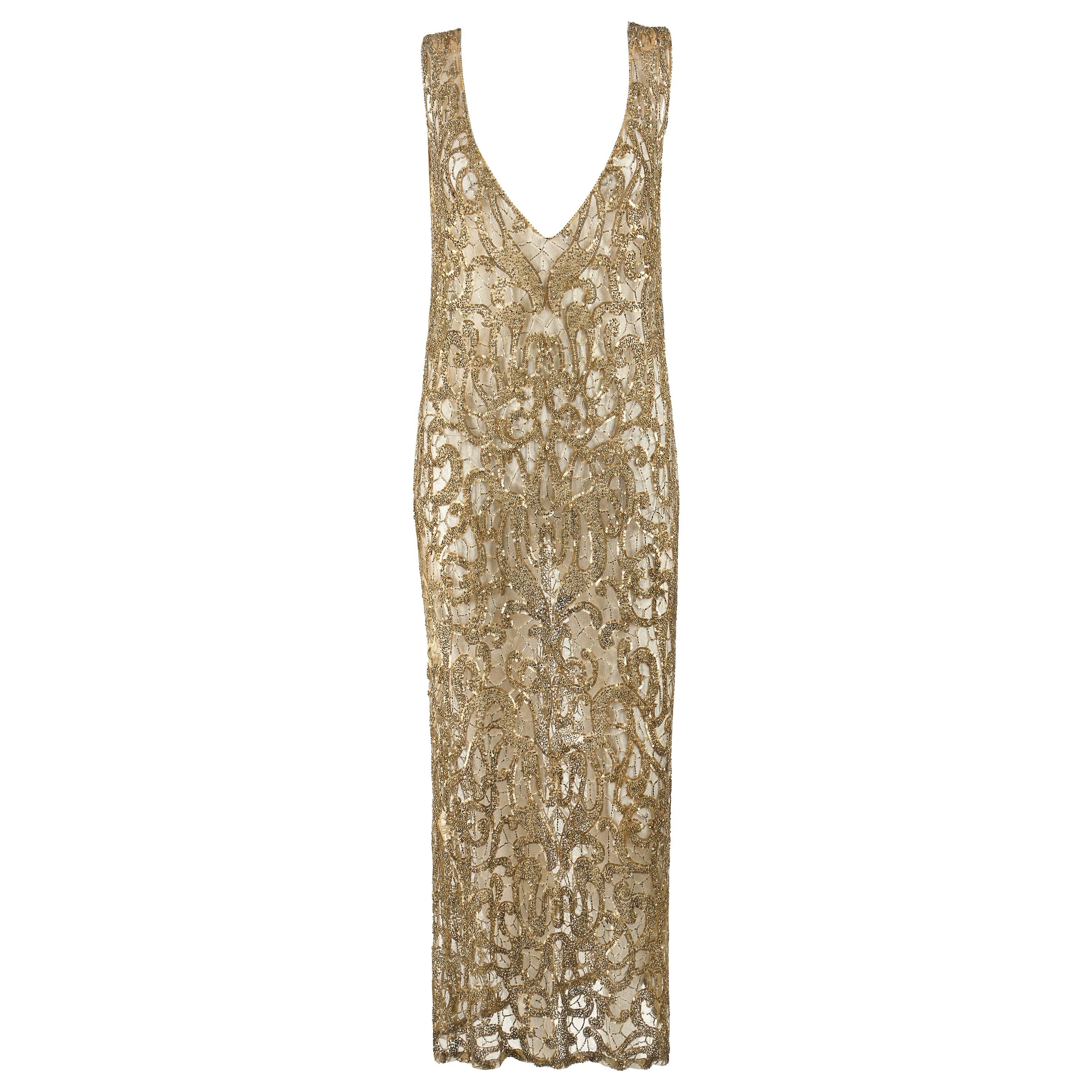 Couture c.1920's Gold Sequin Beaded Net Plunging Flapper Art Deco Evening Dress
