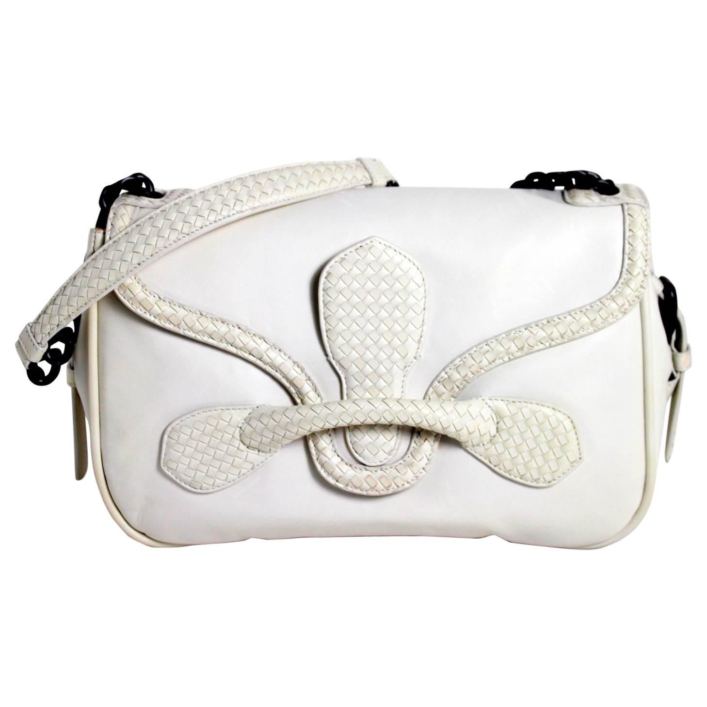 Bottega Veneta  White Leather Rialto Shoulder Bag- Mist color For Sale