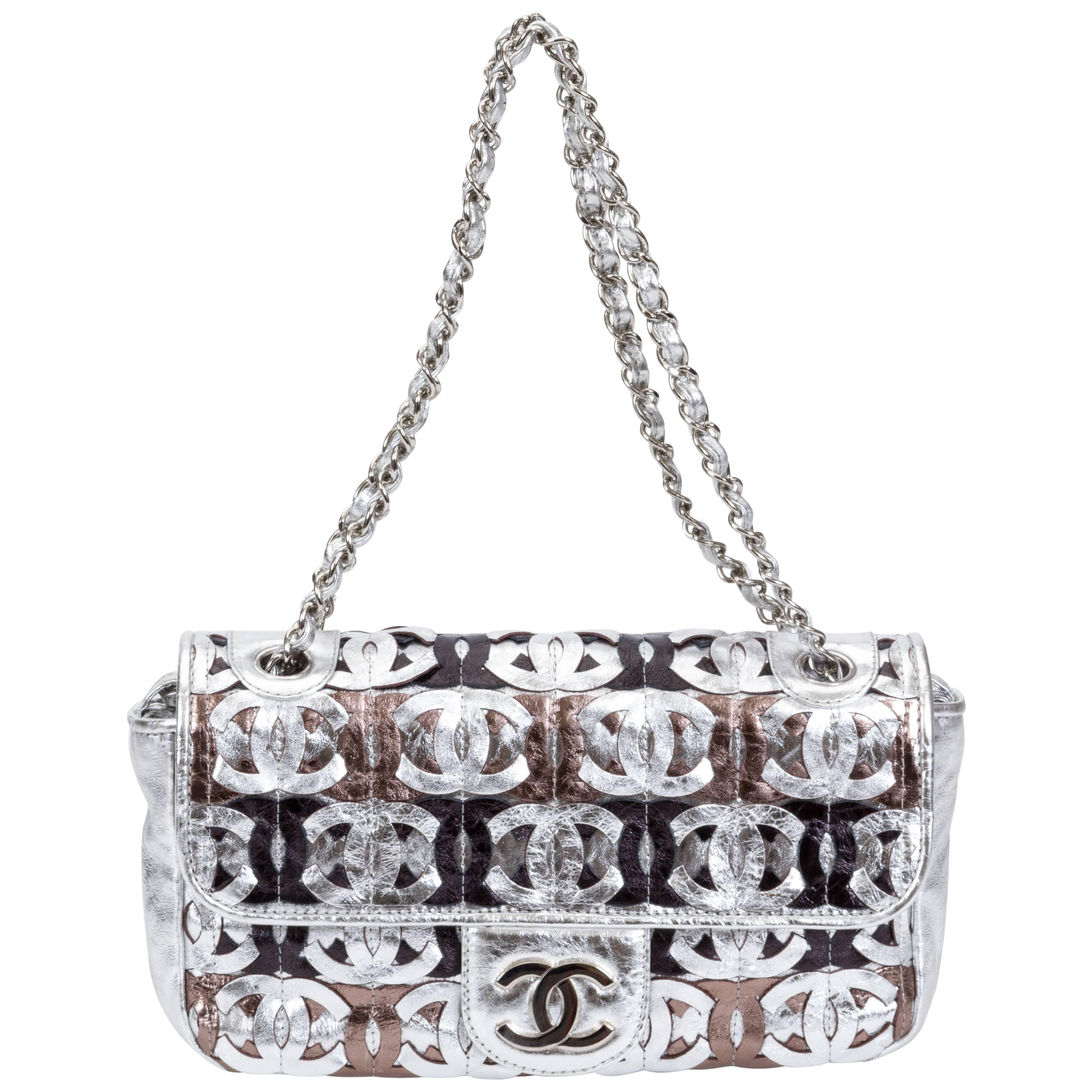 Chanel Silver Metallic Logo Evening Bag